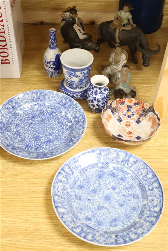 Two Chinese 18th century blue and white dishes and mixed oriental ceramics.